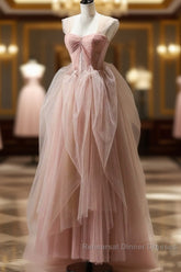 A Line Pink Corset Long Tulle Semi Formal Prom Dress With Ruffles